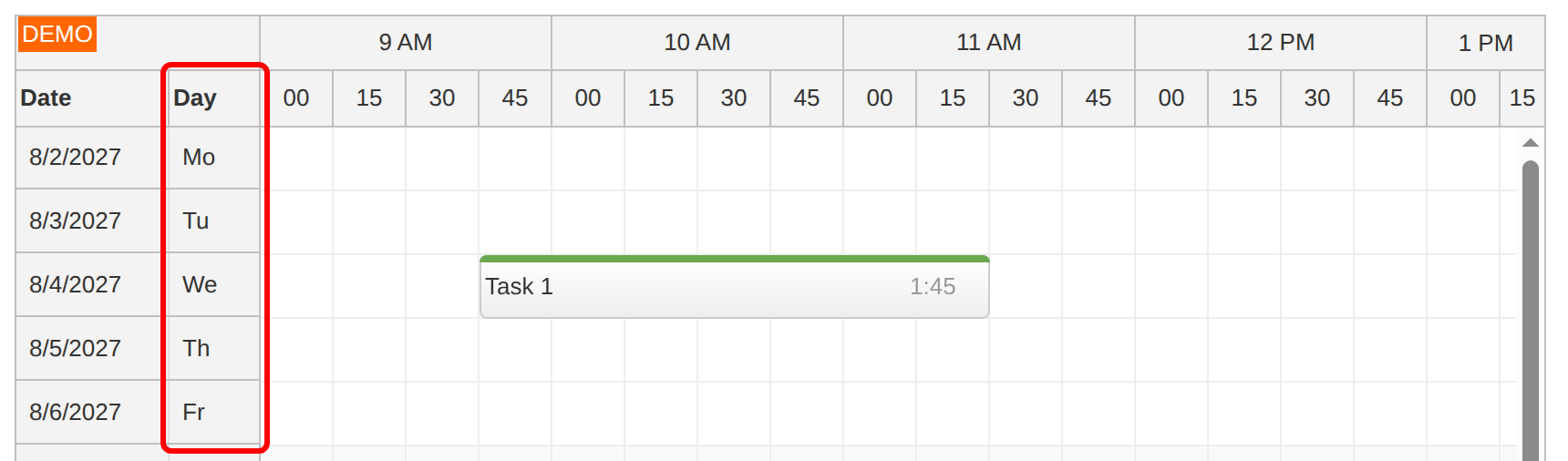 angular timesheet quick start day name header