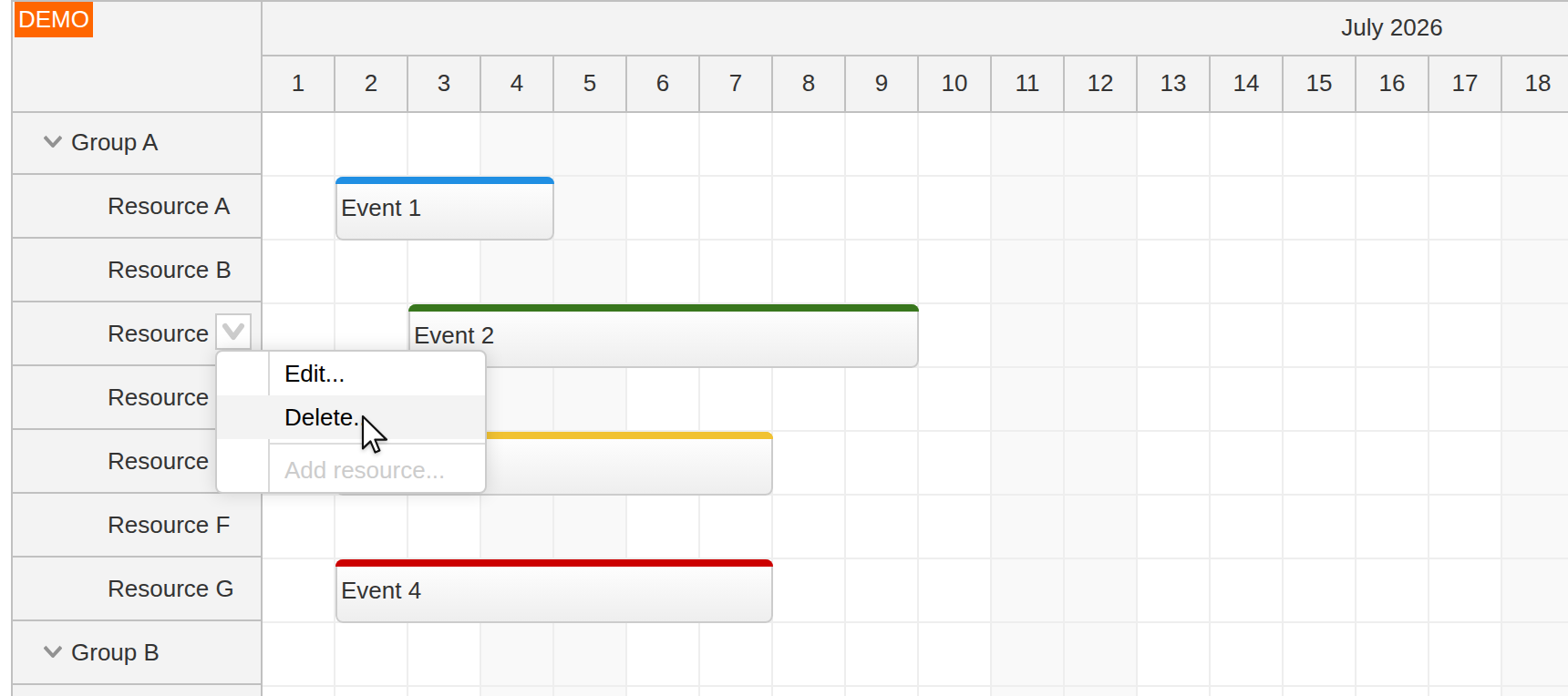 react scheduler how to delete resources