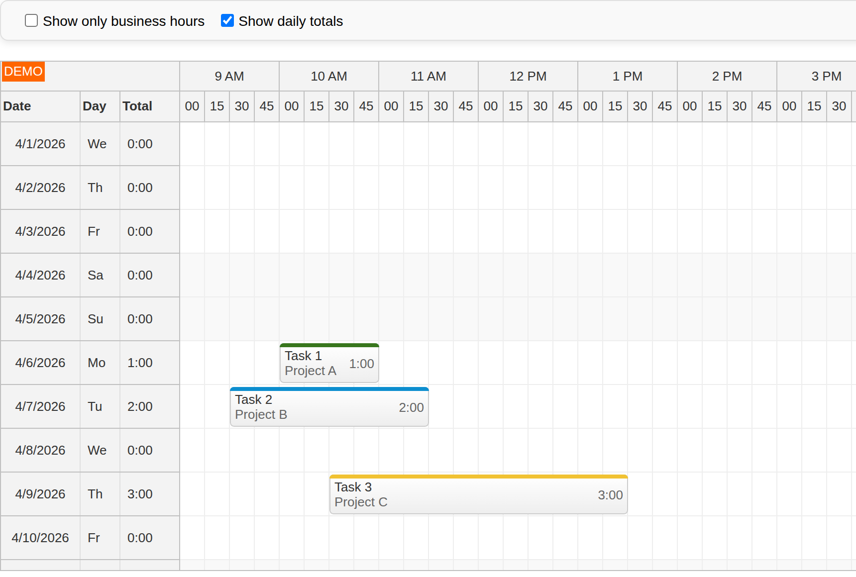 react timesheet show daily totals