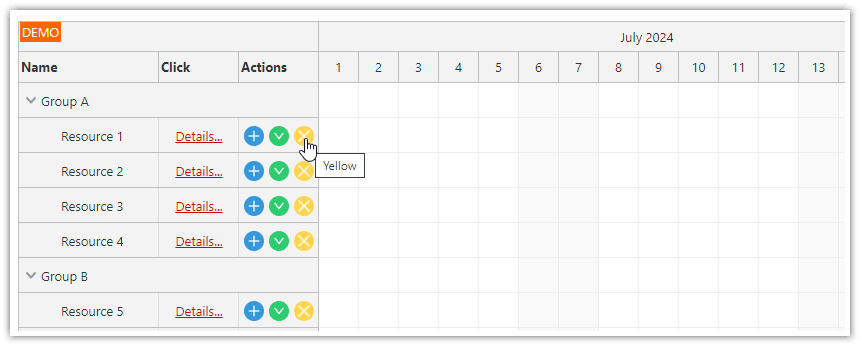 Angular Scheduler Row Header Actions - Icon with Custom Action