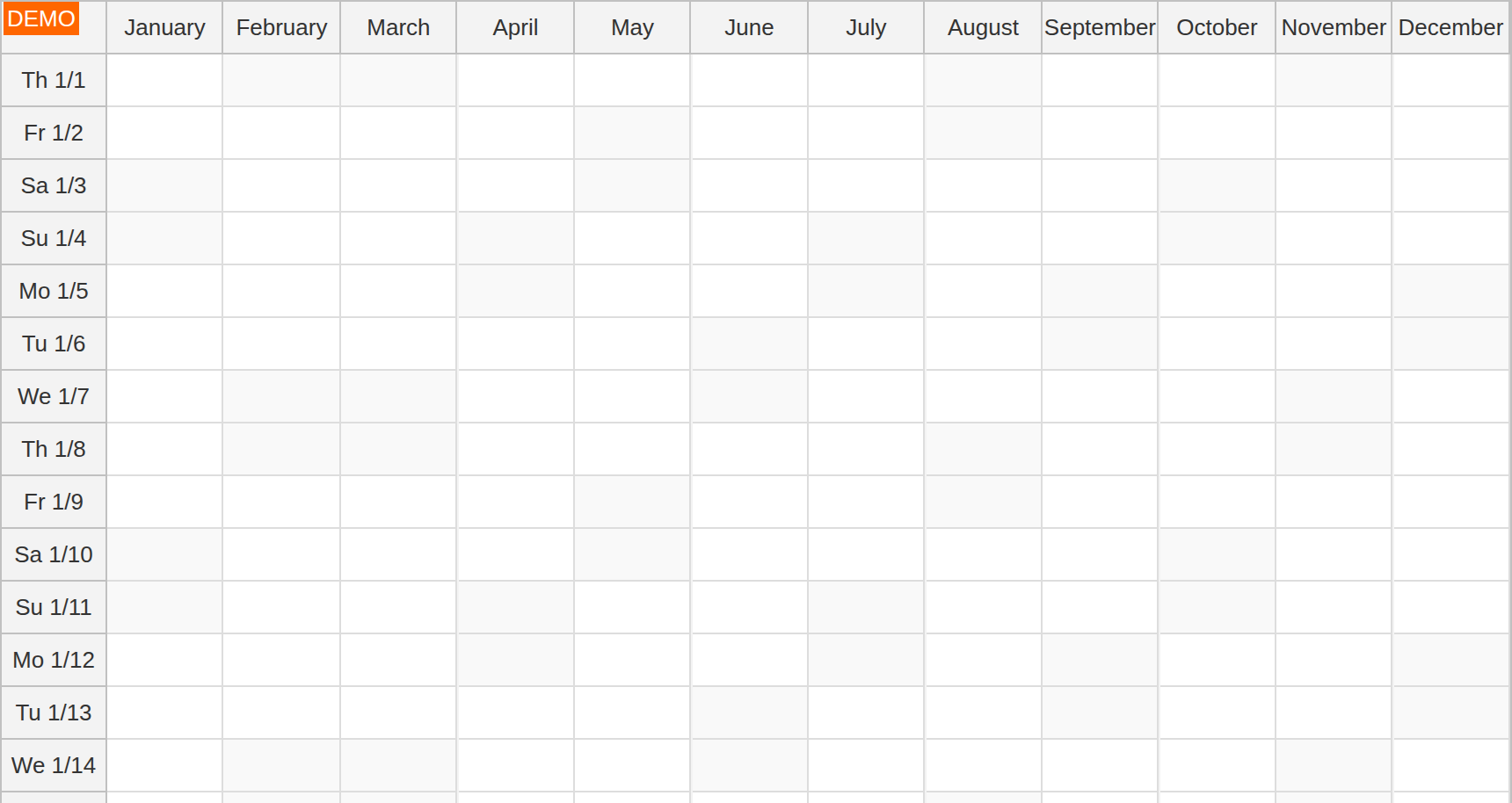 javascript yearly calendar months columns
