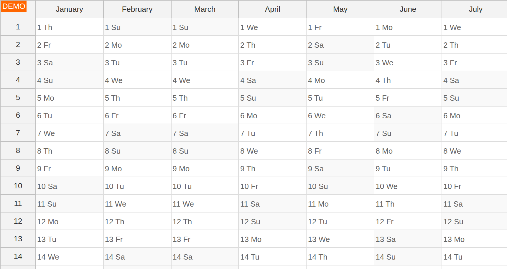 javascript yearly calendar day names