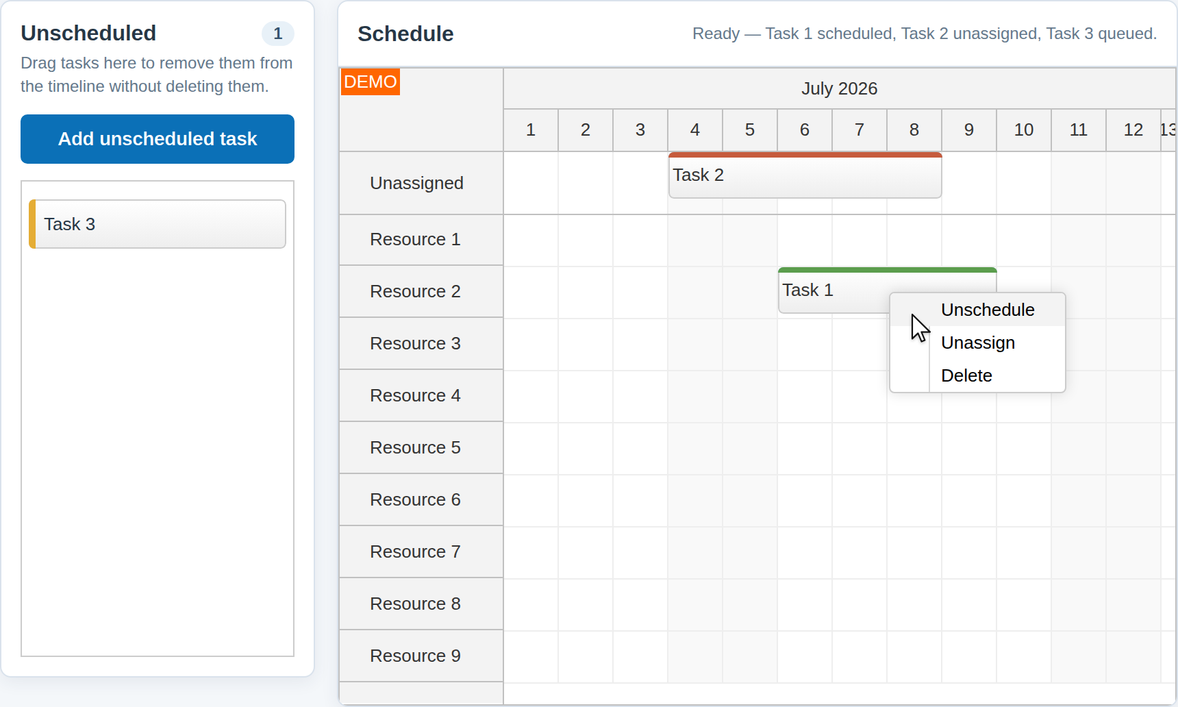 javascript scheduler unschedule unassign delete context menu