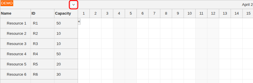 javascript scheduler show hide columns header icon