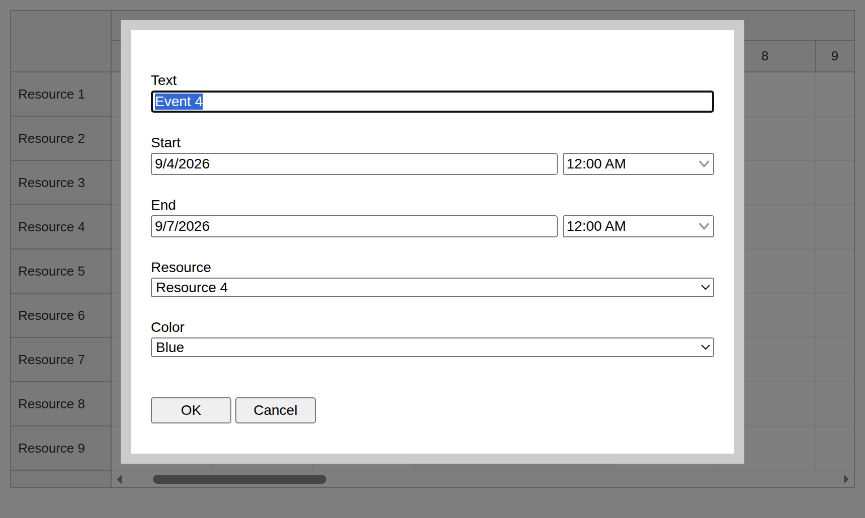 JavaScript Scheduler with Horizontal Timeline - Event Editing Modal Form