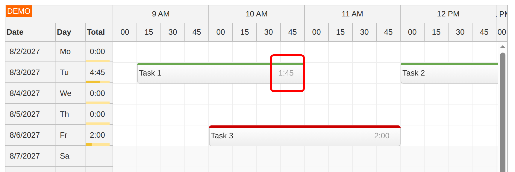 angular timesheet quick start event total duration