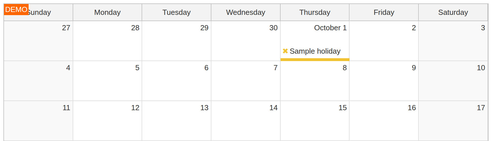 javascript monthly calendar disabled holidays