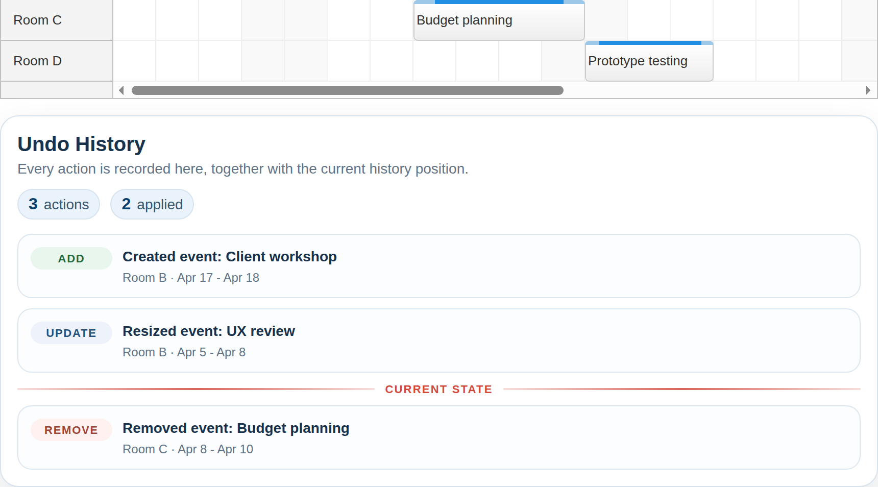 javascript scheduler undo redo history