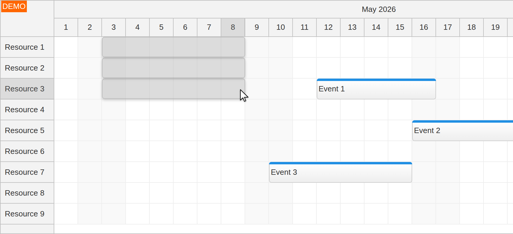 javascript scheduler time range rows selection