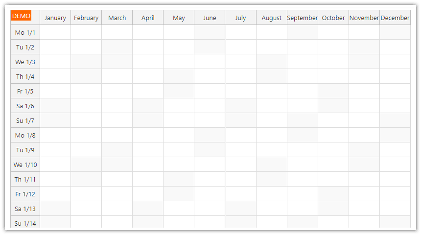 JavaScript Yearly Calendar Displaying Months as Columns