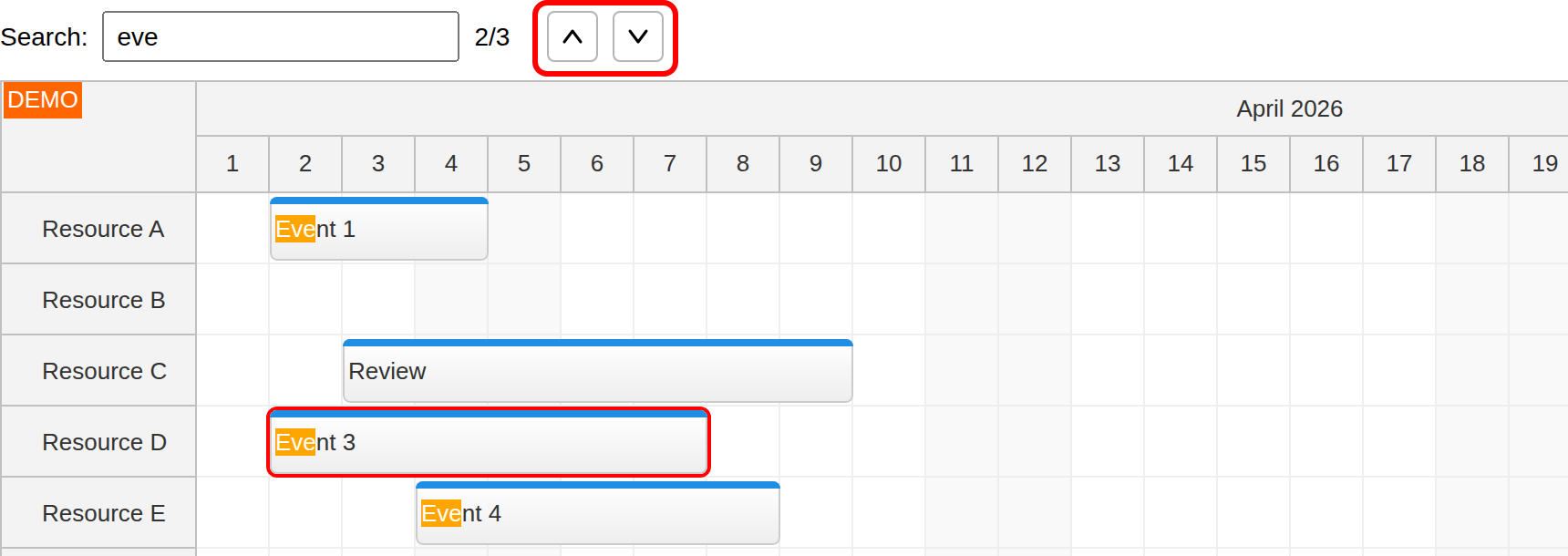 react scheduler how to search events next previous