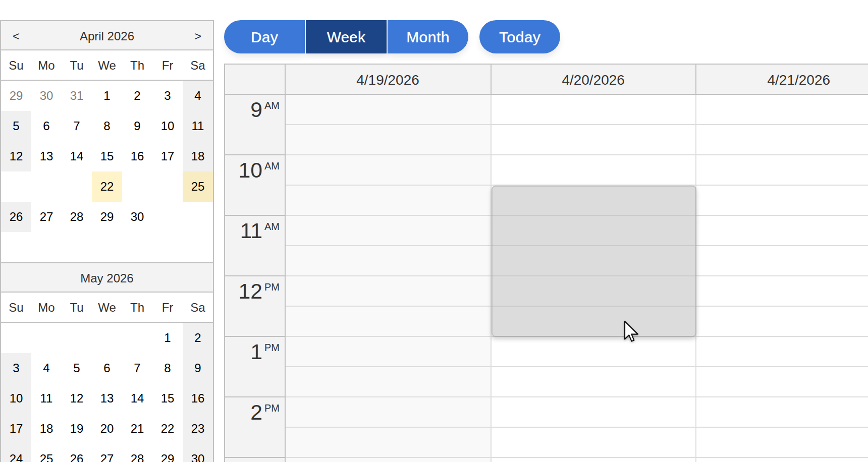 Creating Events in the Day, Week, and Month Views of the React Calendar