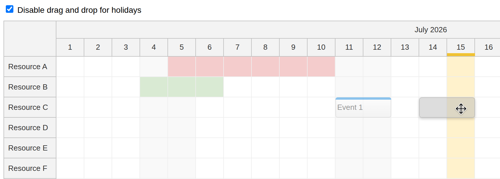 javascript scheduler handling disabled holidays