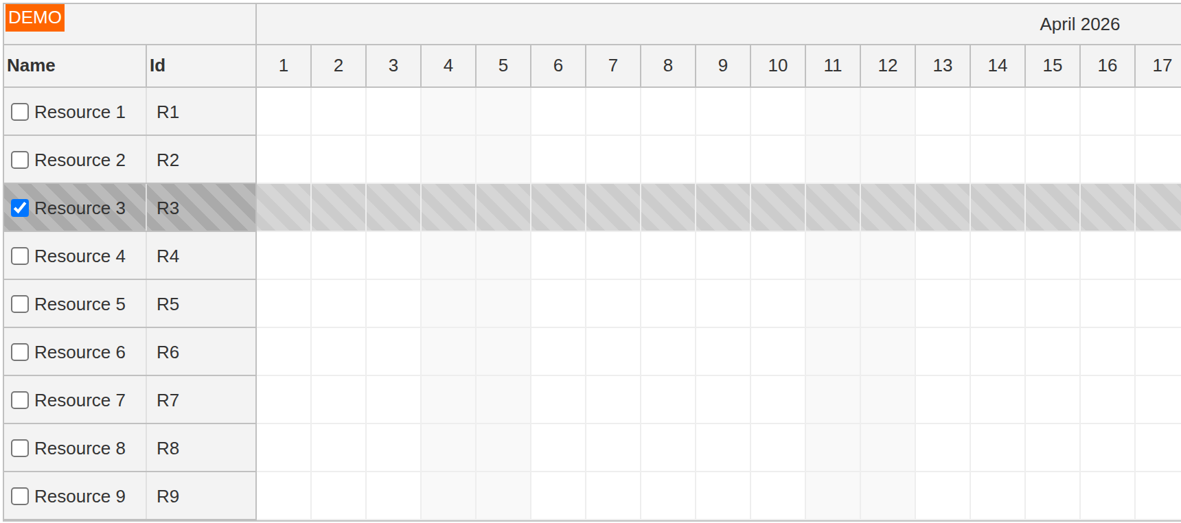 javascript scheduler row checkbox columns
