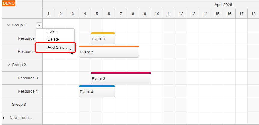 angular scheduler resource management add child