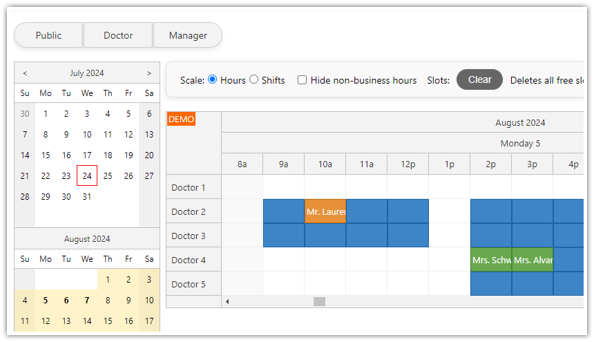 HTML5 Doctor Appointment Scheduling PHP JavaScript - Manager Shift UI