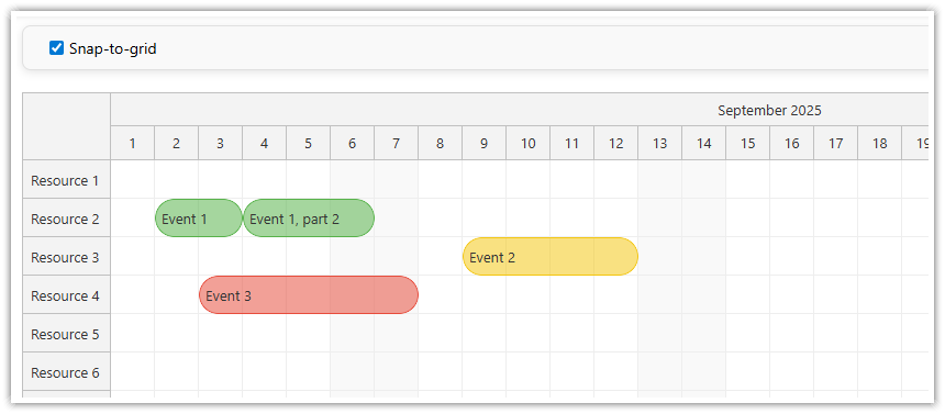 JavaScript Scheduler Event Splitting with Snap to Grid Enabled - Two New Events JavaScript Scheduler Event Splitting with Snap to Grid Enabled - Two New Events