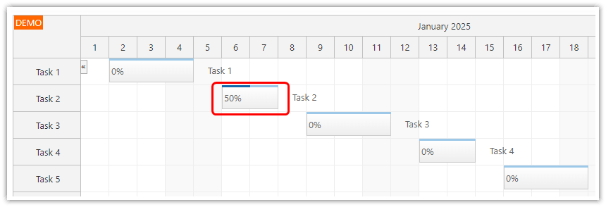 HTML5 JavaScript Gantt Chart - Task Progress Bar HTML5 JavaScript Gantt Chart - Task Progress Bar