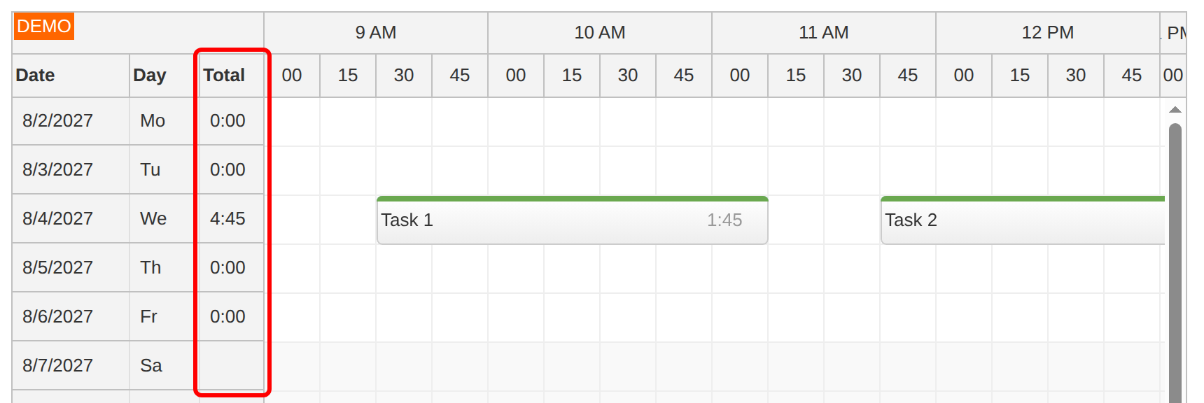 angular timesheet quick start daily total