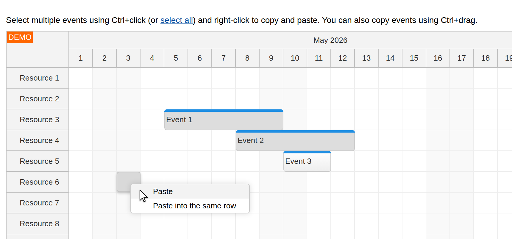 javascript scheduler copy multiple events context menu copy paste