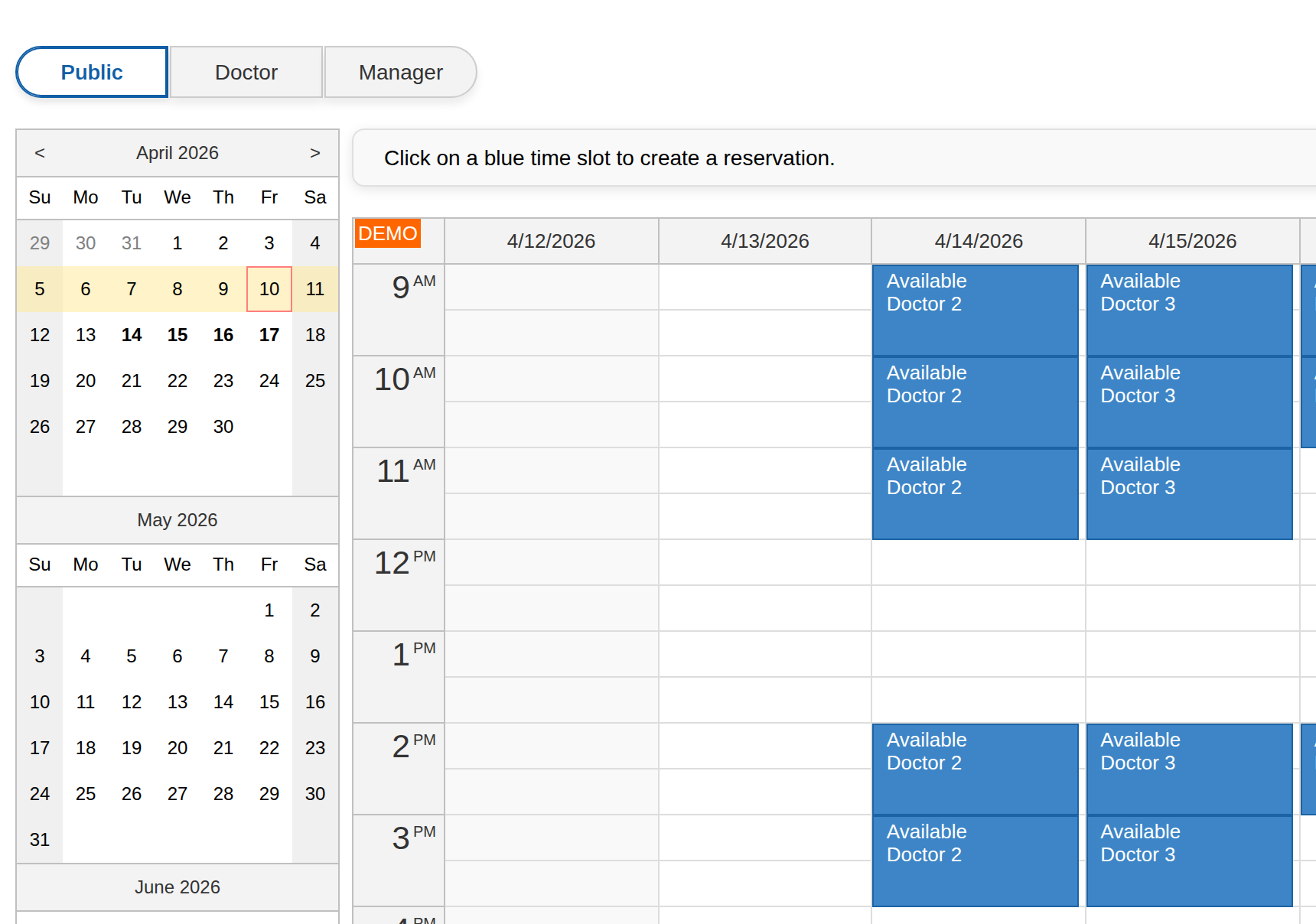 HTML5 Doctor Appointment Scheduling PHP JavaScript - Patient User Interface with Free Slots