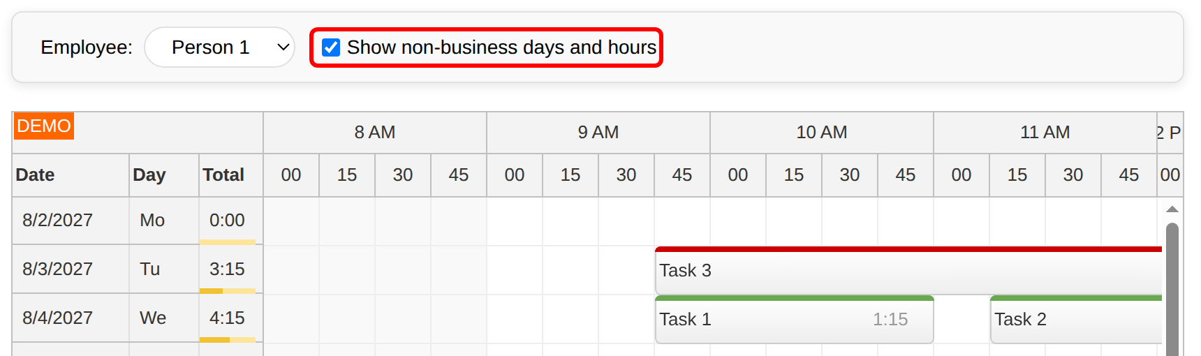 angular timesheet quick start non business checkbox