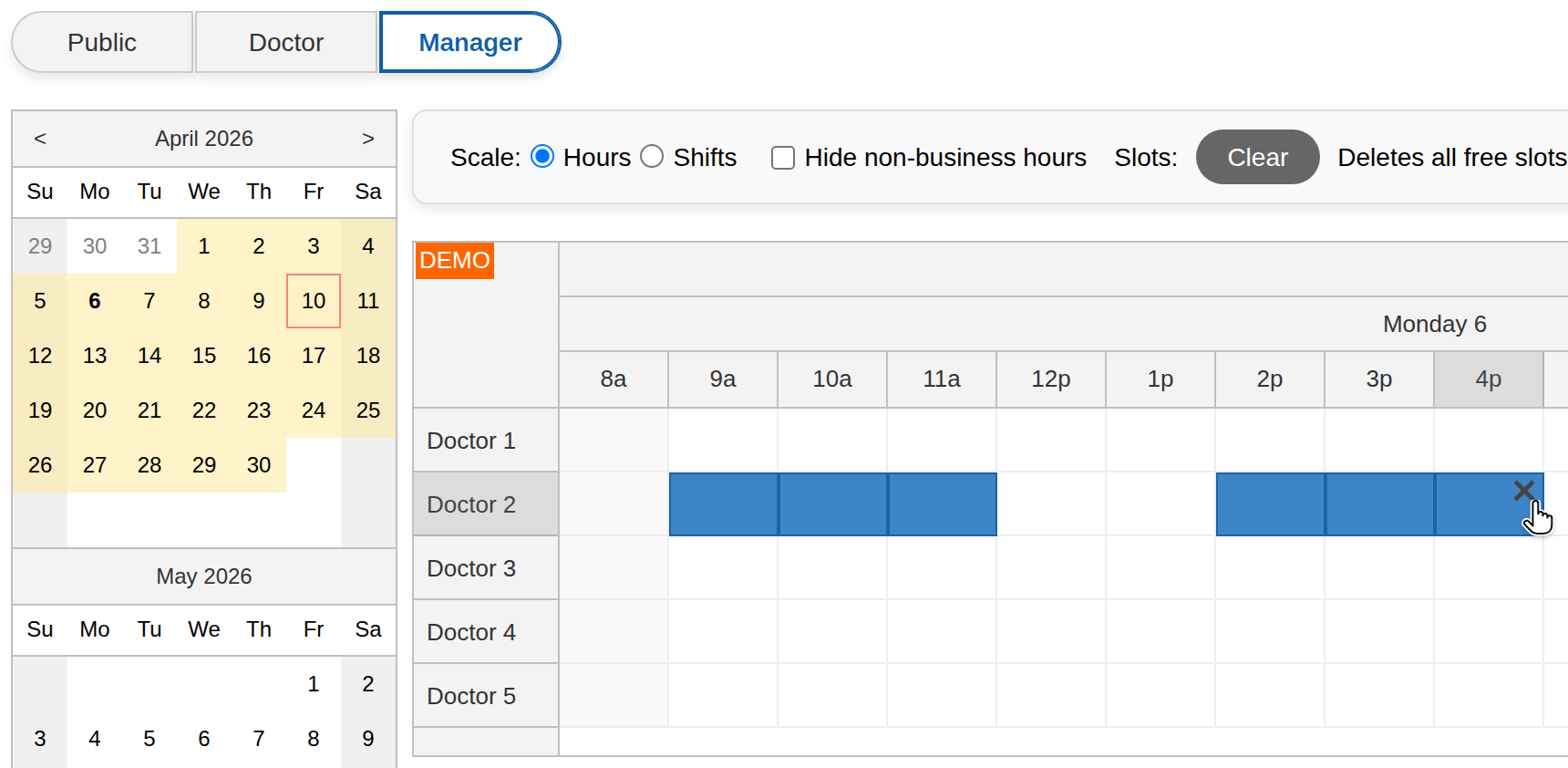 HTML5 Doctor Appointment Scheduling PHP JavaScript - Delete Slots