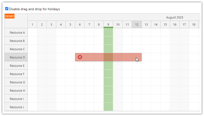 How to disable drag and drop operations for holidays in Vue Scheduler