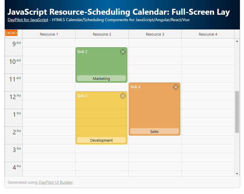 JavaScript Resource-Scheduling Calendar - Full-Screen Layout with Fixed Headers