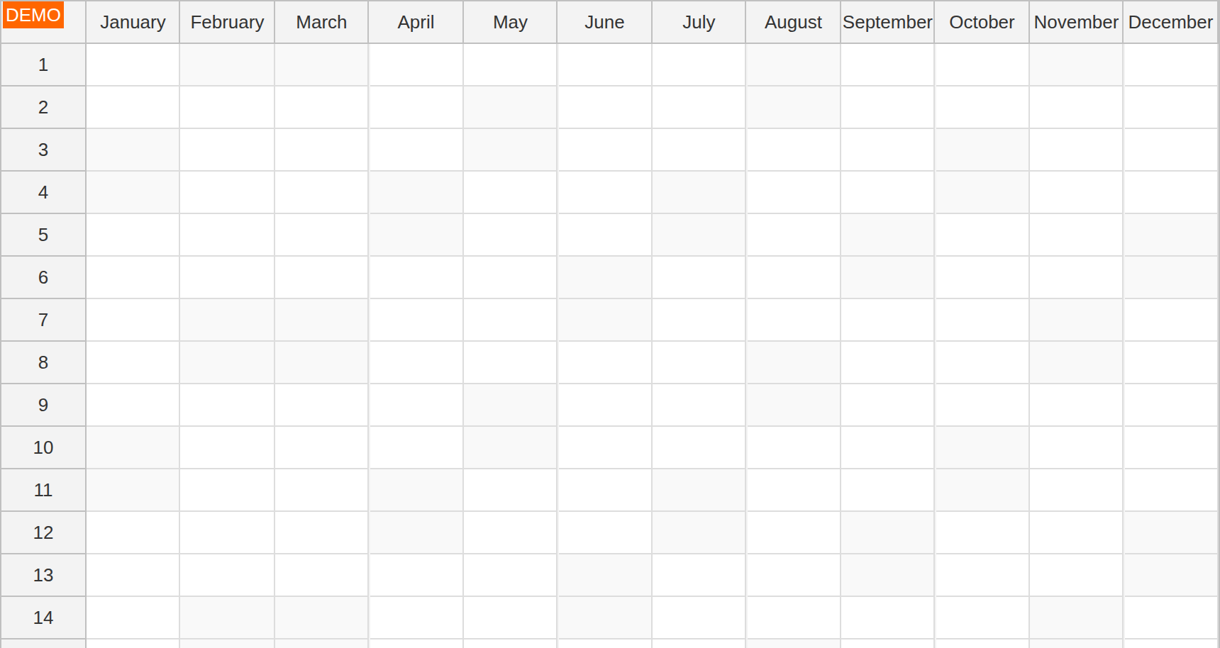 javascript yearly calendar row headers