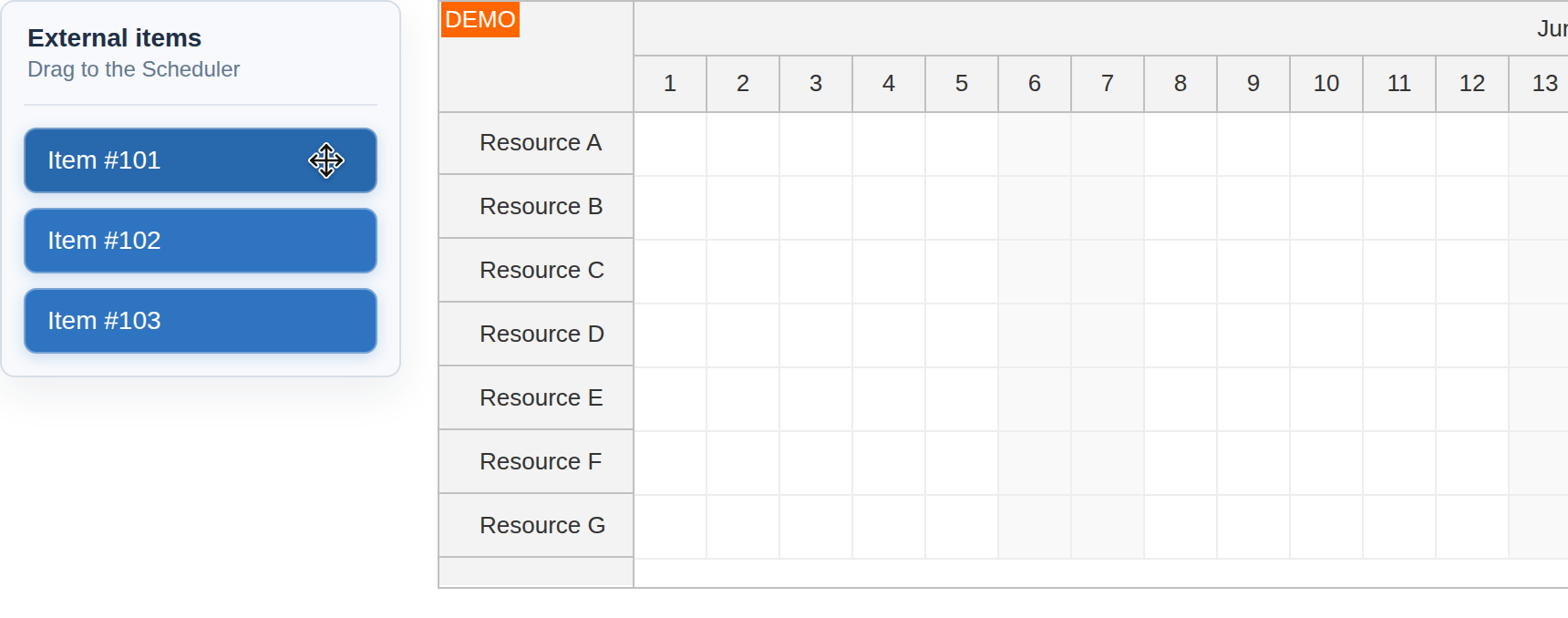 react scheduler external drag and drop activating items
