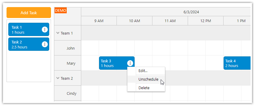 Angular Work Order Scheduler Unschedule Task