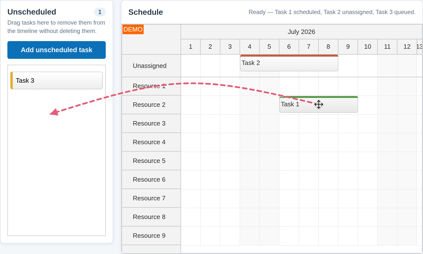 javascript scheduler unschedule event using drag drop