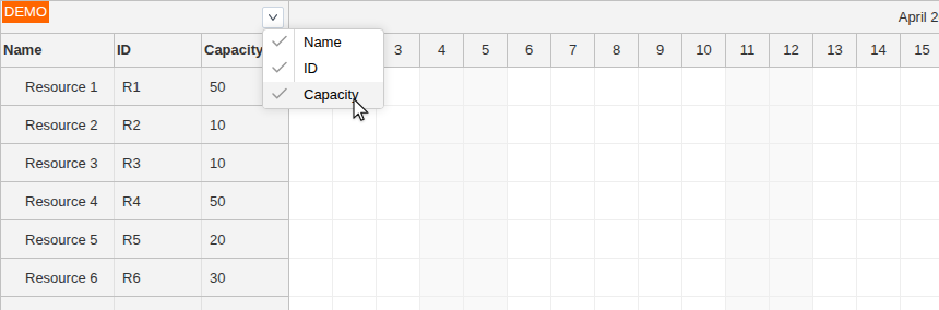 javascript scheduler show hide columns dynamic context menu