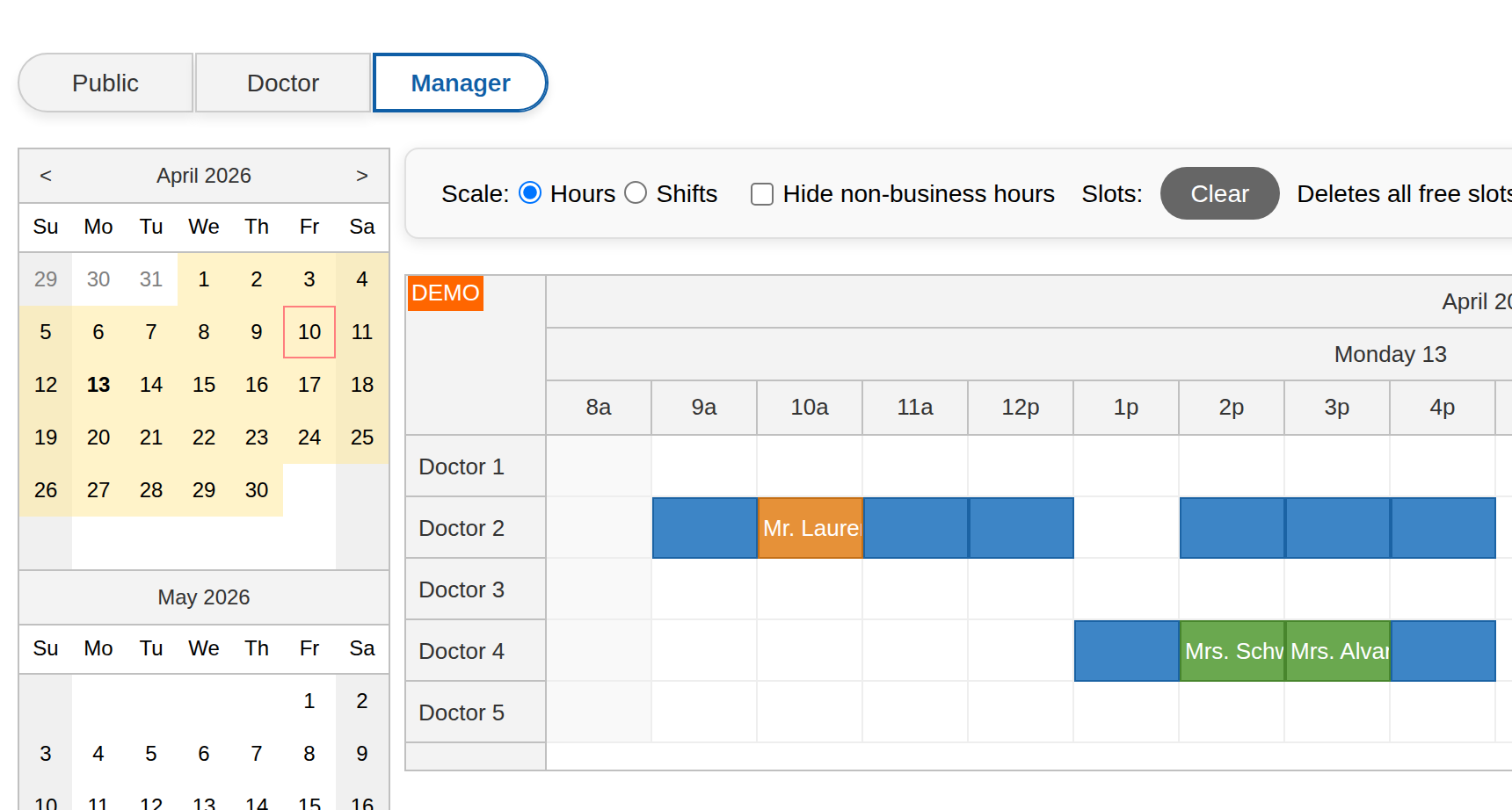HTML5 Doctor Appointment Scheduling PHP JavaScript - Manager Shift UI