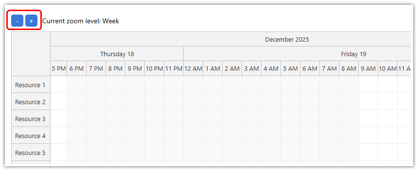 JavaScript Scheduler Zoom Buttons