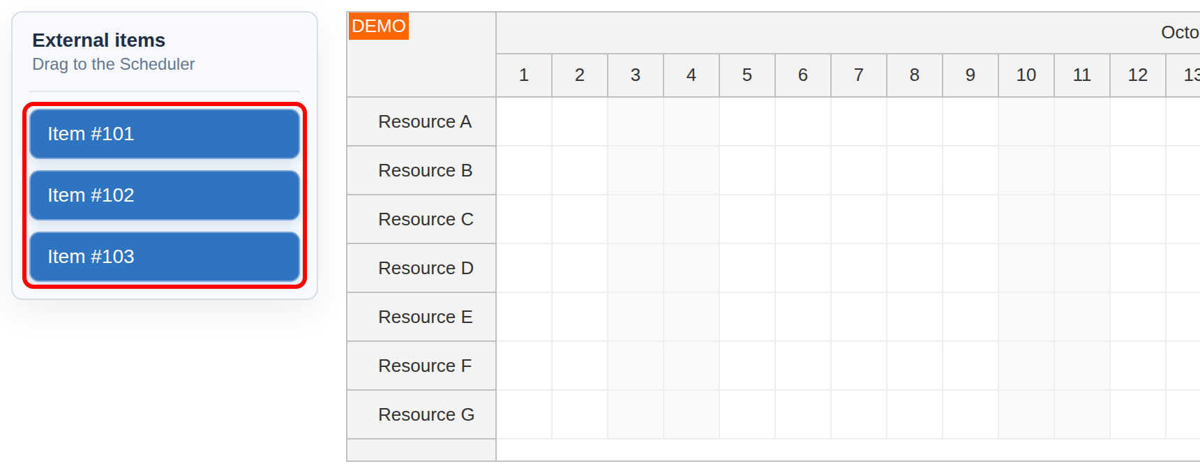 react scheduler external drag and drop item component jsx