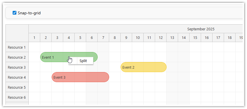 JavaScript Scheduler Event Splitting with Snap to Grid Enabled - Context Menu JavaScript Scheduler Event Splitting with Snap to Grid Enabled - Context Menu