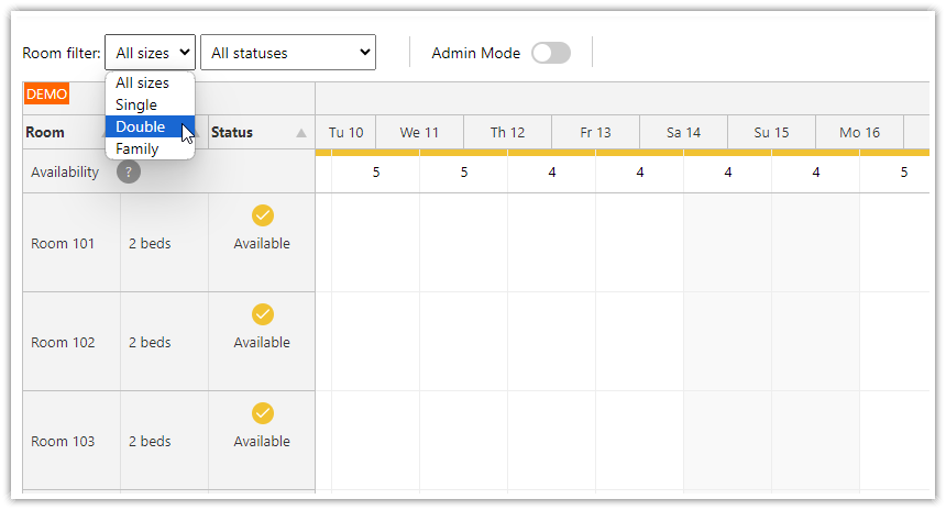 ASP.NET Core Hotel Room Booking Filter by Capacity