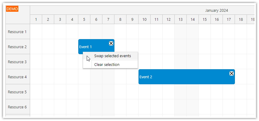 JavaScript Scheduler Swap Selected Events Context Menu Item