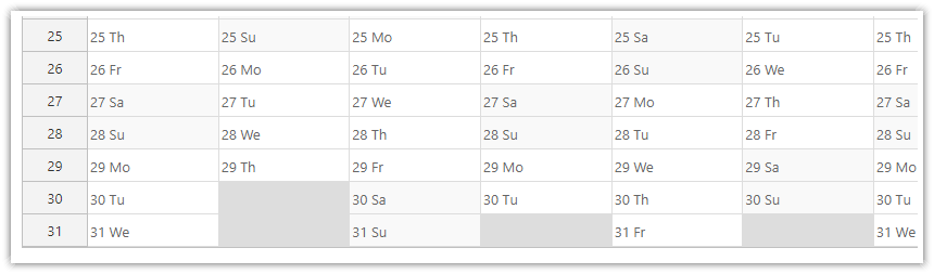 JavaScript Yearly Calendar Shading Extra Cells