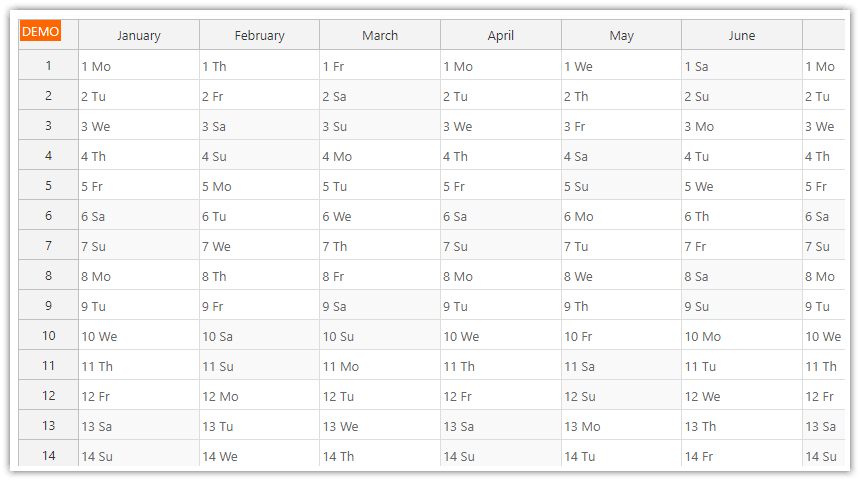 JavaScript Yearly Calendar Adding Day Names to Yearly Calendar Cells