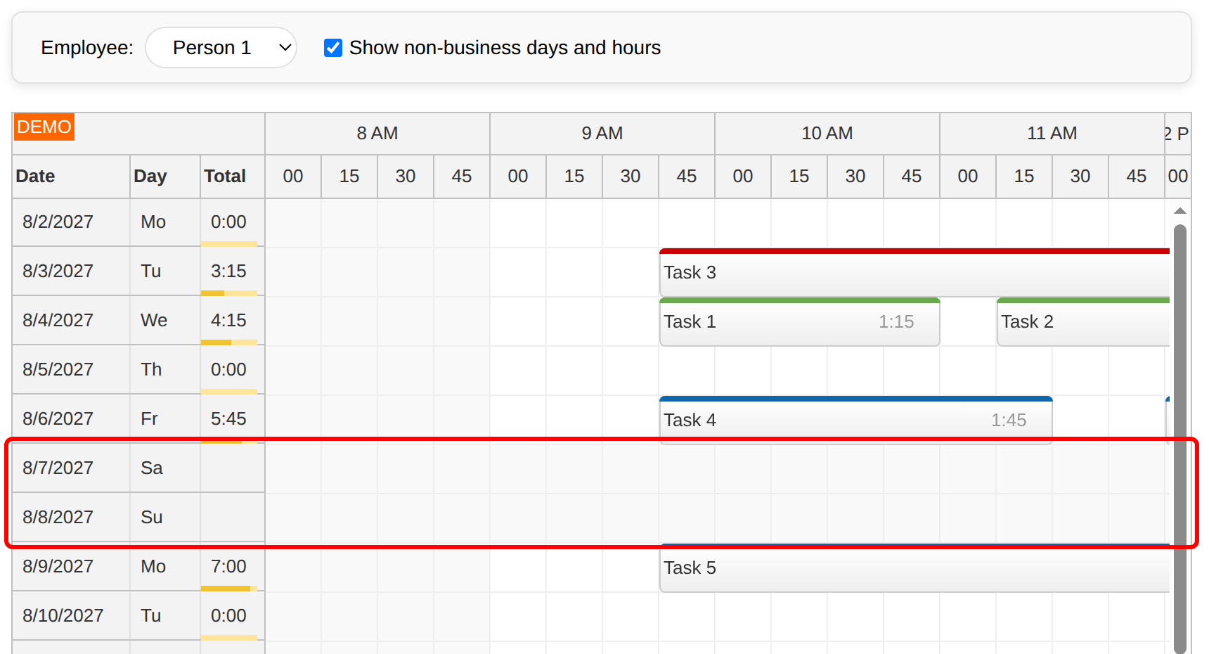 angular timesheet quick start show weekends