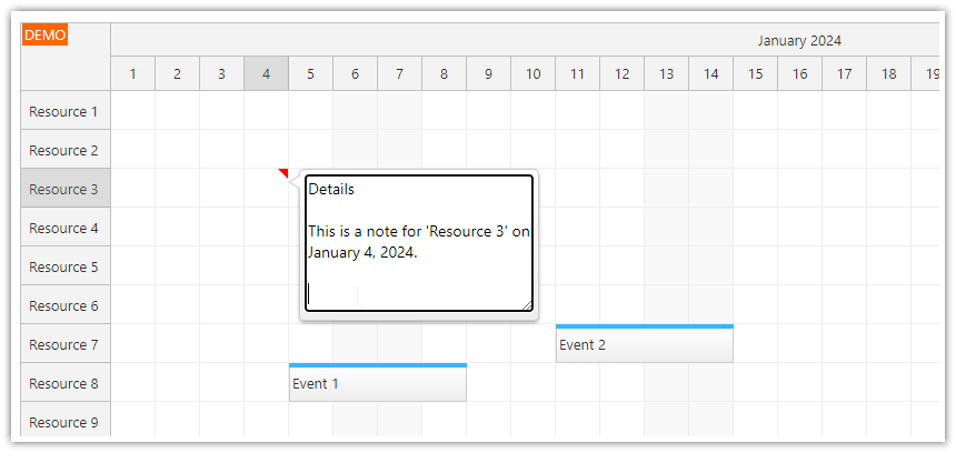 Show and Edit JavaScript Scheduler Cell Note