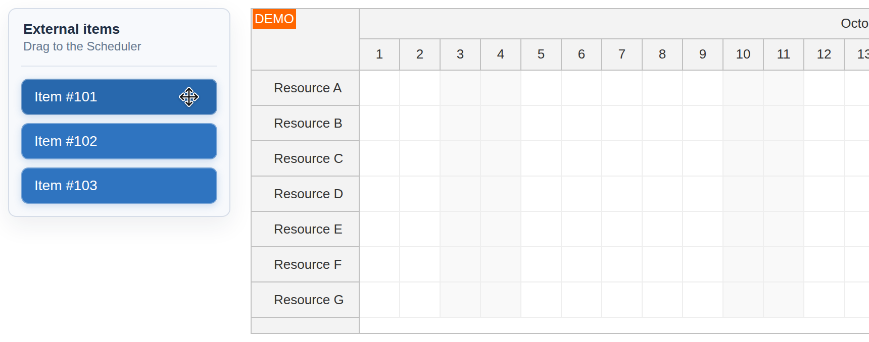 react scheduler external drag and drop activating items