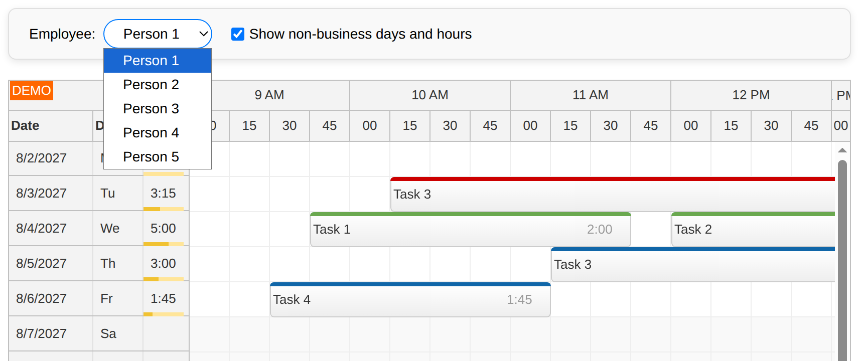 angular timesheet quick start switch employee