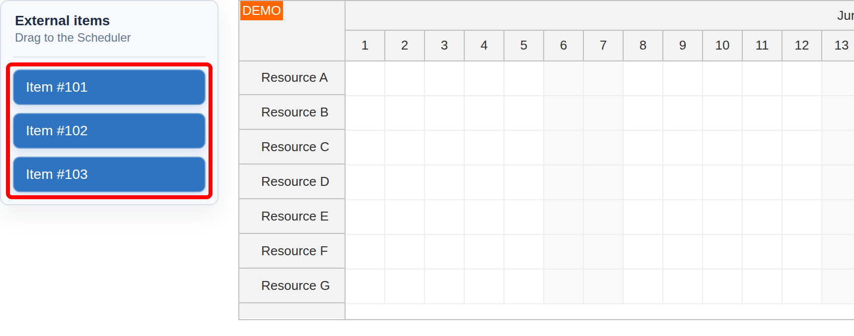 react scheduler external drag and drop item component jsx