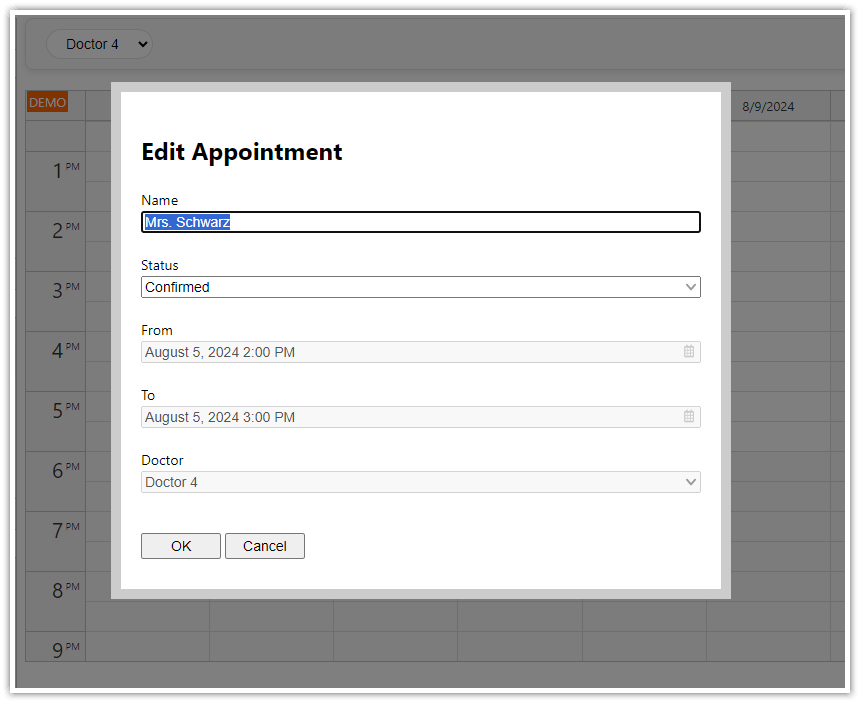 HTML5 Doctor Appointment Scheduling PHP JavaScript - Edit Time Slot