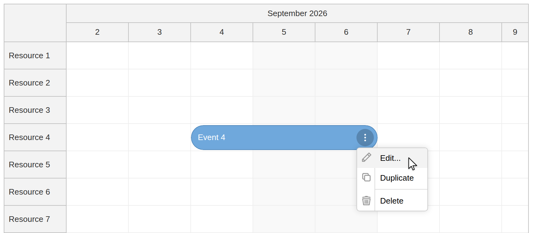 JavaScript Scheduler with Horizontal Timeline - Event Context Menu