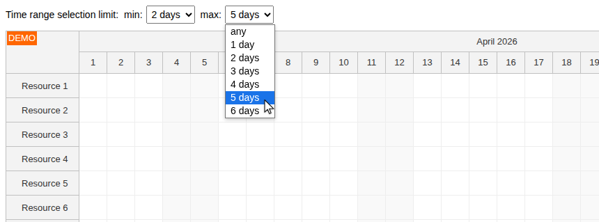 javascript scheduler limit time range selection dynamic
